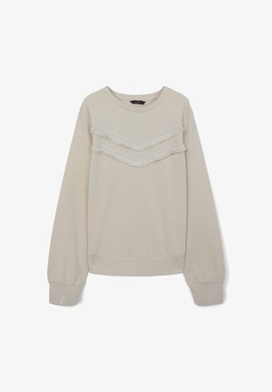 Felpa beige chiaro con maniche lunghe, caratterizzata da due strati arricciati orizzontali sul petto e polsini e orlo a coste. Tessuto morbido.