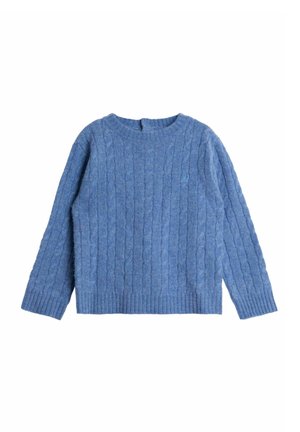Blauer Kabelstrickpullover mit langen Ärmeln sowie gerippten Bündchen, Saum und Kragen, auf einem weißen Hintergrund präsentiert.