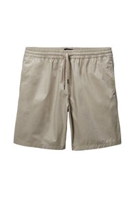 Shorts beiges en tissu léger avec une taille élastique et un cordon de serrage. Design simple, coupe droite, sans poches.