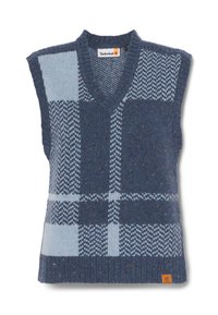 Mouwloze blauwe gebreide vest met een V-hals, textuurpatronen in lichtblauw en donkerblauw, en een Timberland logo patch aan de onderkant.