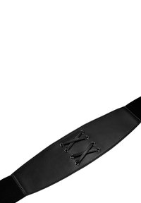 Ceinture noire de style corset dotée d'un panneau en cuir lisse avec des détails de lacets et des côtés élastiqués pour un ajustement réglable.