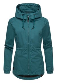 Teal waterproof jacket featuring a hood with adjustable drawstrings, front zip closure, and elastic cuffs. Casual design with a fitted waist.
