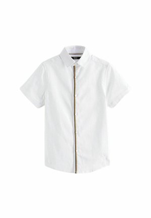 Hvid kortærmet skjorte med knapper og klassisk krave samt en sort og beige stribe langs knapperækken.