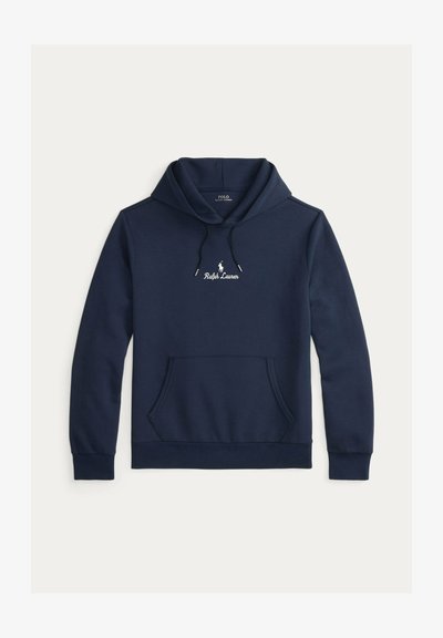 Felpa con cappuccio blu navy in morbido misto cotone con tasca a marsupio. Presenta un cappuccio con coulisse e il logo "Ralph Lauren" ricamato sul petto.