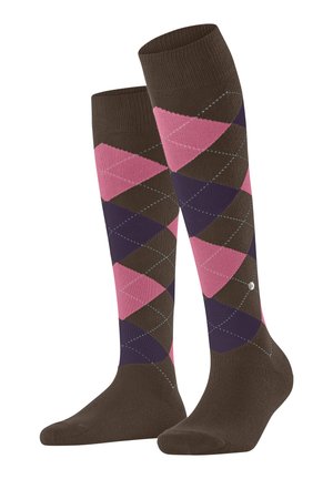 Calze al ginocchio con base marrone e motivo a rombi argyle in rosa, viola e marrone, esposte affiancate su sfondo bianco.