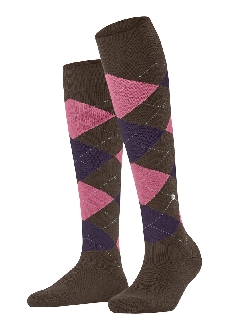 Calze al ginocchio con base marrone e motivo a rombi argyle in rosa, viola e marrone, esposte affiancate su sfondo bianco.