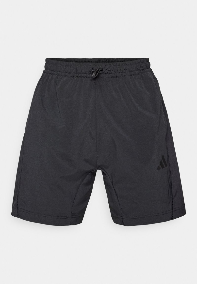 Zwarte sportshorts met een elastische tailleband, koordsluiting en een subtiele logo aan de linkerkant; glad, lichtgewicht stof.