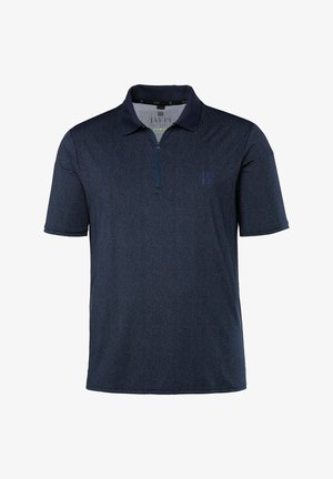 Dunkelblaues Polohemd aus strukturiertem Stoff, mit kurzen Ärmeln und einem halben Reißverschluss. Hat einen kontrastierenden Kragen und ein kleines Logo auf der Brust.