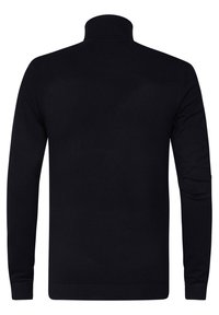 Maglione nero a maniche lunghe con colletto alto, realizzato in un tessuto lavorato a maglia liscio. Presenta polsini aderenti e un design minimalista senza decorazioni.