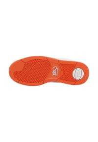 Shoe sole with a textured orange rubber surface featuring a zigzag pattern, logo, and circular design element in white.