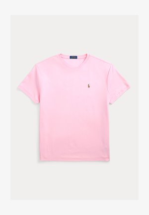 Tricou roz din bumbac, cu gât rotund și mâneci scurte. Are un logo mic brodat pe piept. Textură moale și fină.