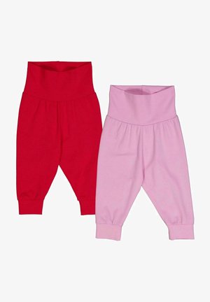 Due coppie di leggings per bambini: una rossa e una rosa chiaro. Entrambe presentano ampie fasce in vita e polsini elasticizzati. Realizzate in tessuto morbido.