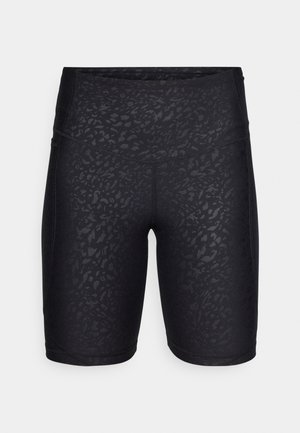 Shorts de sport noirs avec un motif léopard en relief subtil, en tissu lisse et extensible, avec une taille mi-haute.