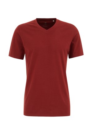 Rød V-udskåret T-shirt lavet af bomuld. Korte ærmer, glat tekstur og en afslappet pasform. Simpelt design uden yderligere mønstre eller udsmykninger.