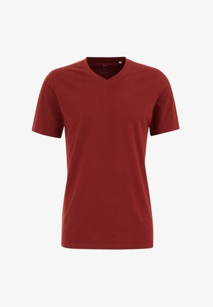 Rød V-udskåret T-shirt lavet af bomuld. Korte ærmer, glat tekstur og en afslappet pasform. Simpelt design uden yderligere mønstre eller udsmykninger.