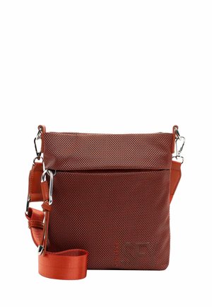 Red woven fabric crossbody bag with a textured surface, rectangular shape, adjustable strap, and a front zip pocket. Silver hardware accents.