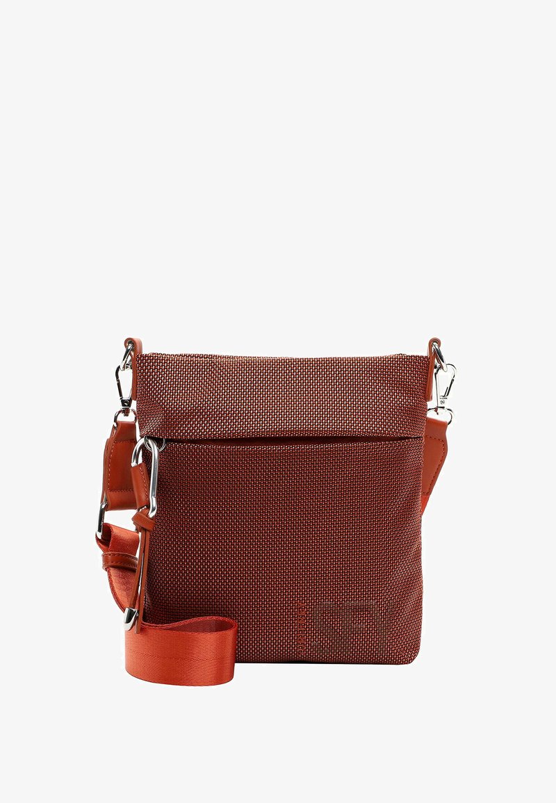 Red woven fabric crossbody bag with a textured surface, rectangular shape, adjustable strap, and a front zip pocket. Silver hardware accents.