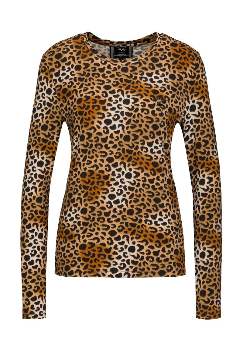 Langarmshirt im Animal-Print, in den Farben Braun, Schwarz und Creme. Weicher Stoff, runder Ausschnitt und taillierte Passform.