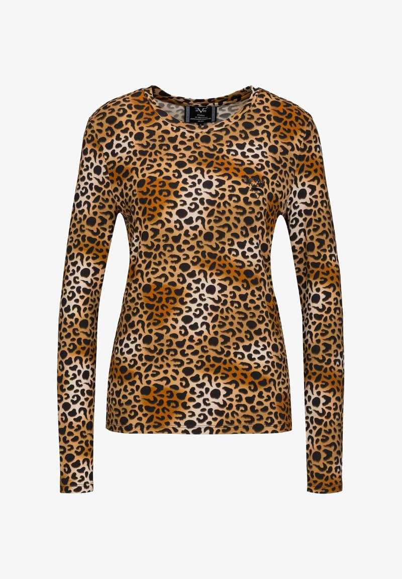 Langarmshirt im Animal-Print, in den Farben Braun, Schwarz und Creme. Weicher Stoff, runder Ausschnitt und taillierte Passform.