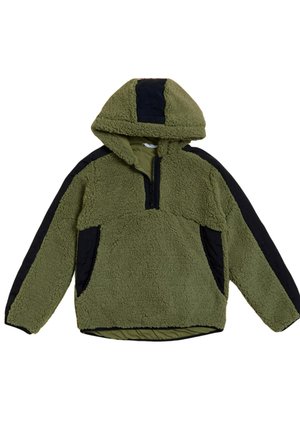 Polaire à capuche vert olive avec des panneaux matelassés noirs sur les manches, la capuche et les poches, équipée d'une fermeture éclair frontale à mi-zip.