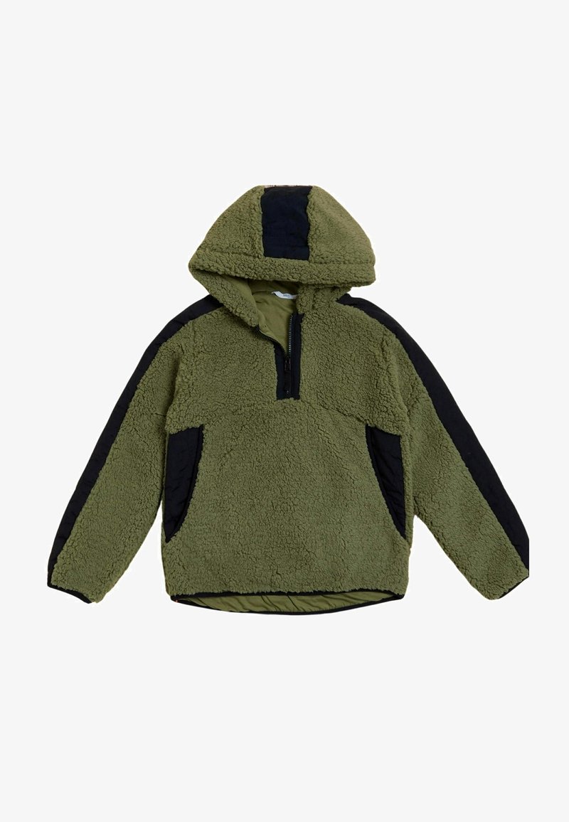 Polaire à capuche vert olive avec des panneaux matelassés noirs sur les manches, la capuche et les poches, équipée d'une fermeture éclair frontale à mi-zip.