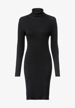 Robe en maille côtelée noire à col roulé, manches longues, silhouette ajustée et ourlet mi-genoux.