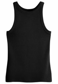 Musthave musta linane tank top, mis on valmistatud ribakangast. Omab ümmargust kaelust ja laia õlavarrepaelu. Lihtne disain ilma dekoratiivsete elementide või mustriteta.