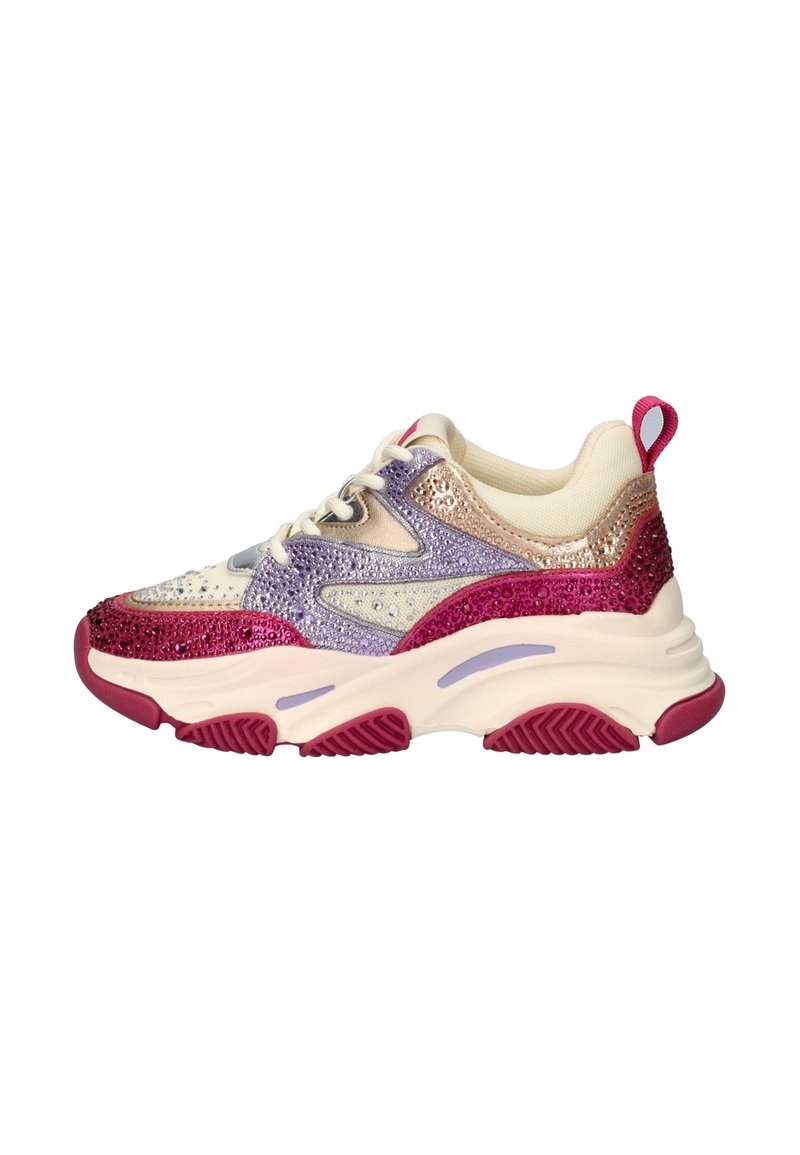 Sneakers featuring a blend of glittering pink, purple, and cream materials, with a chunky sole, textured accents, and a pull tab.