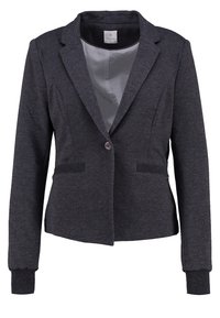 Dark grey blazer made of textured fabric, featuring a notched collar, single button closure, two front pockets, and ribbed cuffs.
