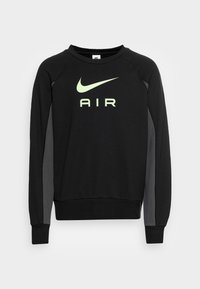 Sudadera negra de manga larga, con un logo de Nike en verde claro y el texto "AIR". Paneles laterales en gris oscuro que contrastan y puños acanalados.