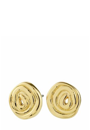 Uhane uhani z zlatim tonom s teksturiranim, vrtinčastim dizajnom. Okrogla oblika ima izrazit spiralni detajl in polished zaključek.