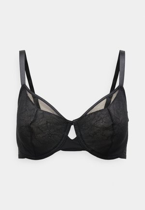 Μαύρο δαντελένιο σουτιέν με μπανέλα και λεπτομέρεια με άνοιγμα στο κέντρο. Ρυθμιζόμενοι σατινέ ιμάντες, υφή υφάσματος και λεία φινιρίσματα.