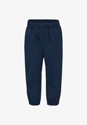 Navyblaue Sporthose mit elastischem Bund, verstellbarem Kordelzug und schmal zulaufenden Bündchen. Hergestellt aus einem glatten, leichten Stoff.