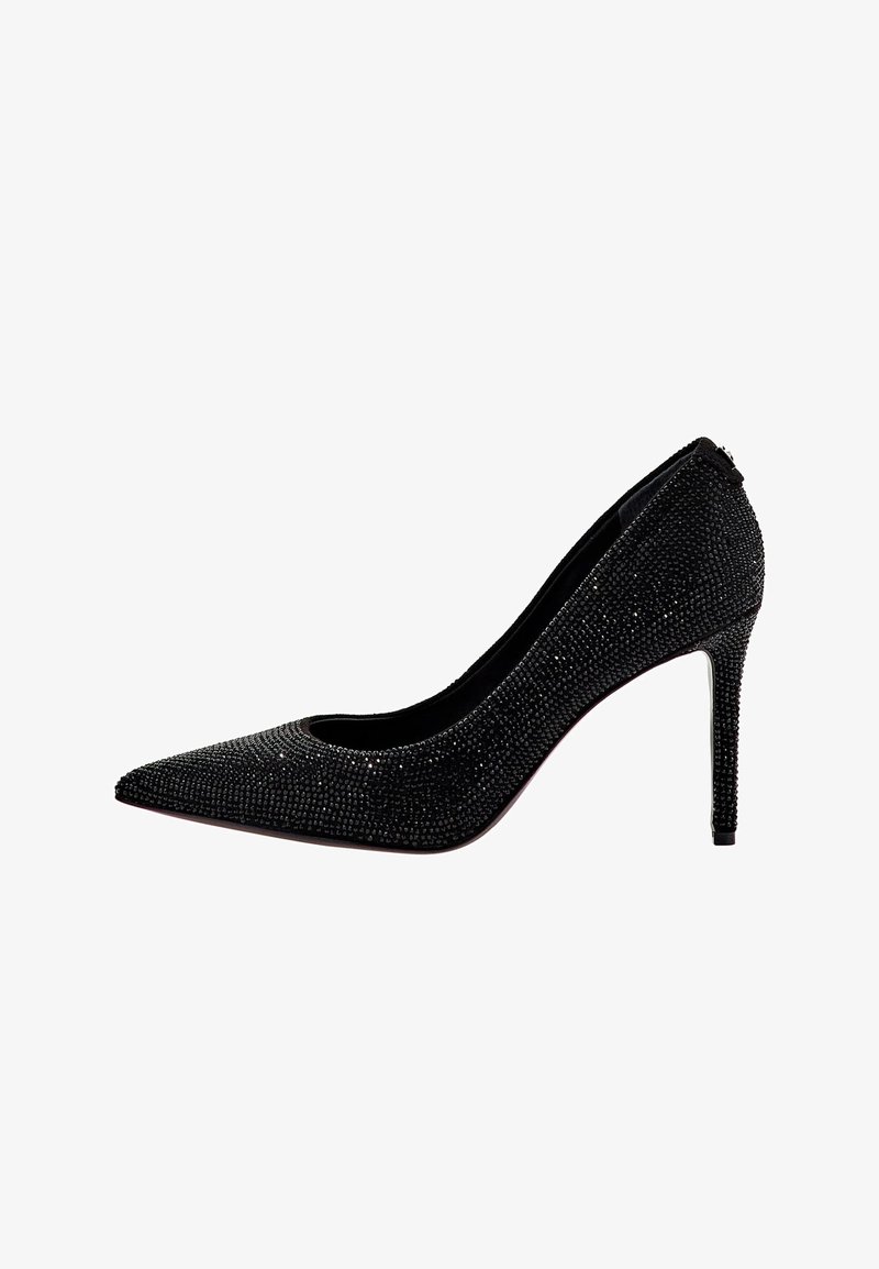 Escarpin noir à bout pointu, orné de petits strass scintillants, avec un talon aiguille fin et une doublure intérieure lisse.
