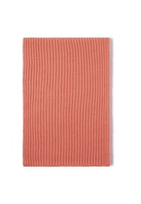 Sciarpa a maglia a coste di un morbido colore corallo, forma rettangolare, con tessuto testurizzato. I bordi sono rifiniti in modo ordinato e uniforme.
