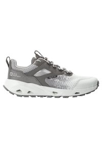 Scarpe da corsa leggere in grigio e bianco. Presentano una tomaia in mesh traspirante, dettagli testurizzati e una suola esterna ruvida per una maggiore trazione.