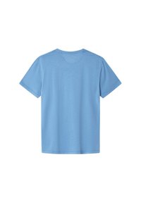 Světle modré bavlněné tričko s krátkým rukávem, kulatým výstřihem a rovný střih. Hladký povrch s jednoduchým designem, bez vzorů nebo akcentů.