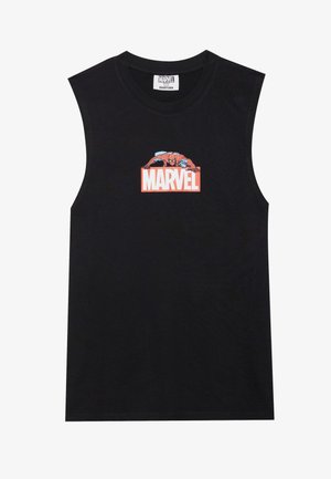 Črna majica brez rokavov iz bombaža, ki na sprednji strani vsebuje rdeči in modri Marvelov logotip z motivom Spider-Mana.