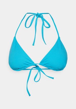 Tirkīza krāsas trīsstūra formas bikini tops ar sasienamu aizmuguri. Izgatavots no gludas auduma, ar regulējamiem aukliņām, lai pielāgotu izmēru.