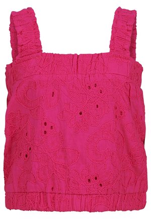 Jasnoróżowy damski top bez rękawów z falbankowymi ramiączkami i haftowanymi wzorami kwiatowymi.