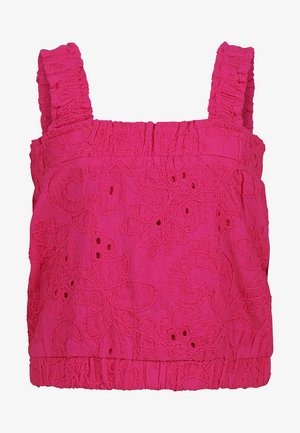 Top smanicato rosa acceso per ragazze con spalline arricciate e motivi floreali ricamati.