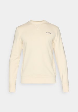 Cream-colored sweatshirt made of soft fabric, featuring a round neckline, long sleeves, and a small embroidered logo on the chest.