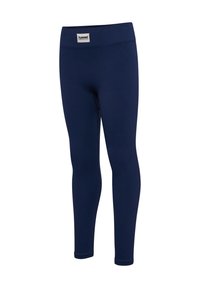 Navyblå ribbede leggings med elastisk talje og "hummel performance" mærke foran i midten.