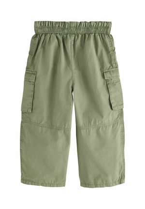 Pantaloni cargo verdi con vita elastica, due tasche laterali e vestibilità comoda. Realizzati in tessuto leggero con una texture liscia.