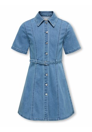 Kortermet blå denimkjole med knapper foran, krage, belte i midjen og en A-linje skjørt-silhuett.