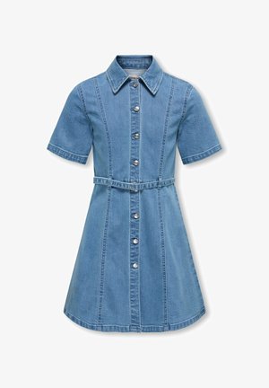 Kortermet blå denimkjole med knapper foran, krage, belte i midjen og en A-linje skjørt-silhuett.