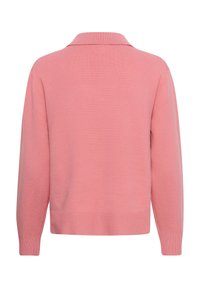 Pull rose en maille à manches longues avec col, vu de dos, avec poignets et ourlet côtelés.