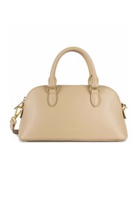 Borsa a mano in pelle beige con doppi manici superiori, finiture in metallo dorato e una tracolla removibile, caratterizzata da una superficie liscia e strutturata.