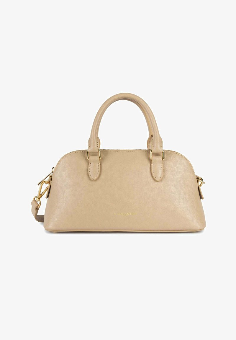 Borsa a mano in pelle beige con doppi manici superiori, finiture in metallo dorato e una tracolla removibile, caratterizzata da una superficie liscia e strutturata.