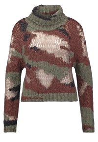 Neulepaita, jossa on korkea kaulus ja pitkät hihat, tai on sammaltiilikuvio vihreän, ruskean ja mustan sävyissä, löysässä, tekstuuripinnassa.